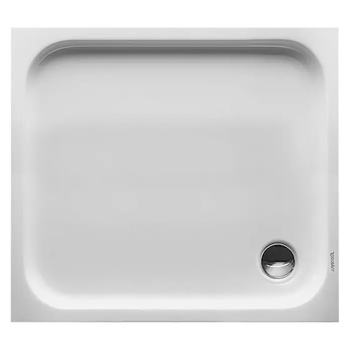 Duravit D-Code Duschwanne - L x B: 100 x 90 cm, Kunststoff, Weiß, Ohne Antirutsch-Oberfläche, Rechteckig - Ein quadratisches Duschbecken von Duravit in Weiß mit einem runden Abfluss in der Ecke für ein modernes Badezimmerdesign.