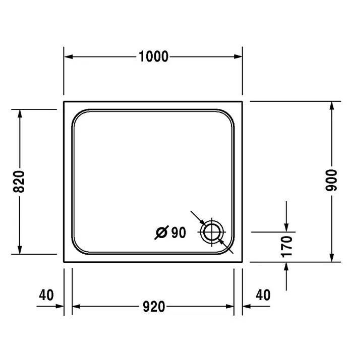 Duravit D-Code Duschwanne - L x B: 100 x 90 cm, Kunststoff, Weiß, Ohne Antirutsch-Oberfläche, Rechteckig - Schema einer Duschwanne mit den Maßen 1000x820 mm, Ablauf Ø 90 mm und einer Höhe von 900 mm.