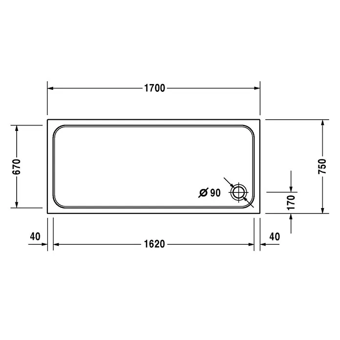 Duravit D-Code Duschwanne - L x B: 170 x 75 cm, Kunststoff, Weiß, Ohne Antirutsch-Oberfläche, Rechteckig - Technische Zeichnung einer Badewanne mit Maßen: Länge 1700 mm, Breite 750 mm, Tiefe 670 mm, Durchmesser Abfluss 90 mm.