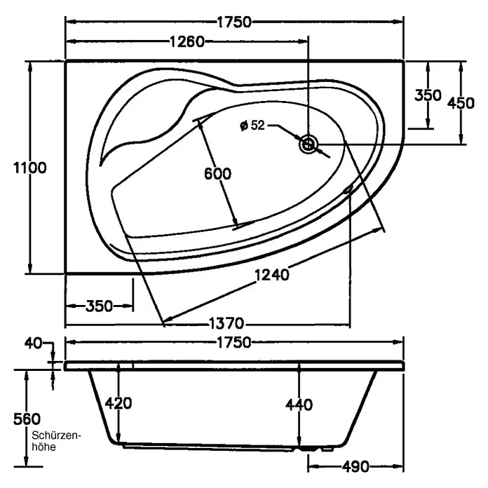 Ottofond Eckbadewanne Mauritius B - L x B: 175 x 110 cm, Sanitäracryl, Weiß, Links - Technische Zeichnung einer asymmetrischen Badewanne mit den Maßen 1750 x 1100 mm und einer Schürzenhöhe von 560 mm.
