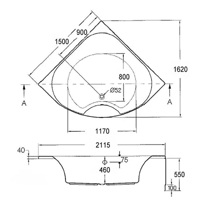 Ottofond Eckbadewanne Largo - 150 x 150 cm, Sanitäracryl, Weiß - Technische Zeichnung einer Eckbadewanne mit Maßen. Ideal für Badezimmerplanung und Installation.