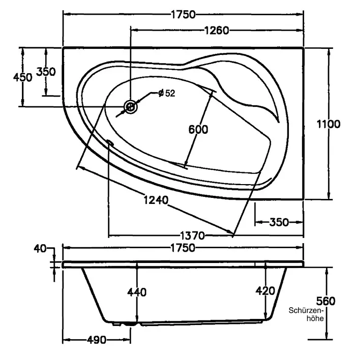 Ottofond Eckbadewanne Mauritius A - L x B: 175 x 110 cm, Sanitäracryl, Weiß, Rechts - Skizze