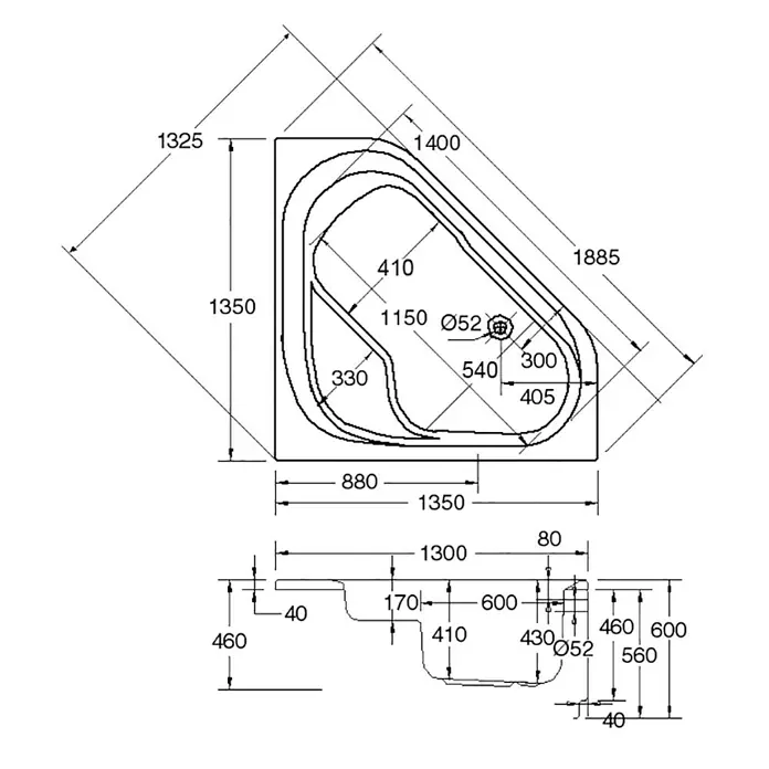 Ottofond Eckbadewanne Tampa - L x B: 135 x 135 cm, Sanitäracryl, Weiß - Technische Zeichnung einer Badewanne mit Maßen. Das Produkt ist eine Eckbadewanne mit abgerundeten Formen und verschiedenen Maßangaben.
