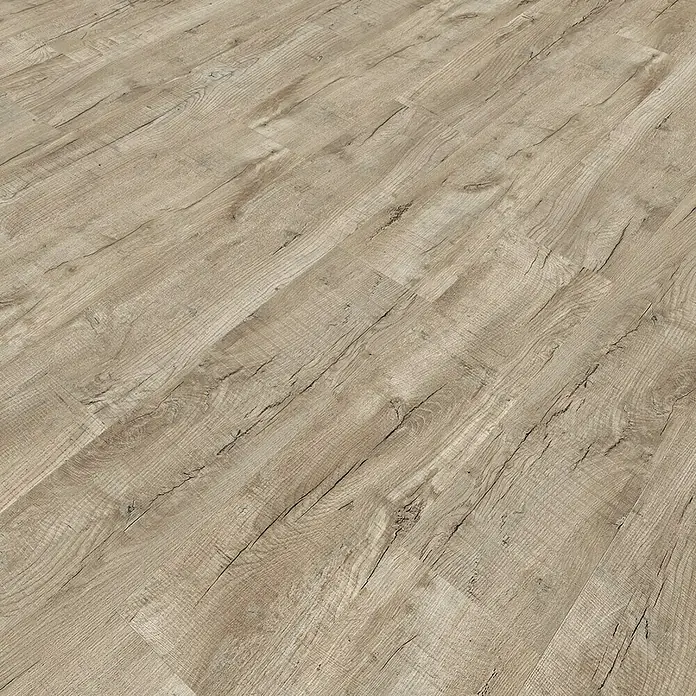 Living by Haro Designbodenmuster HydroStar Eiche Ferrara grau200 x 235 x 6,5 mm, Landhausdiele - Nahaufnahme von Laminatboden in Holzoptik mit Maserung und feinen Rissen für ein authentisches Aussehen.