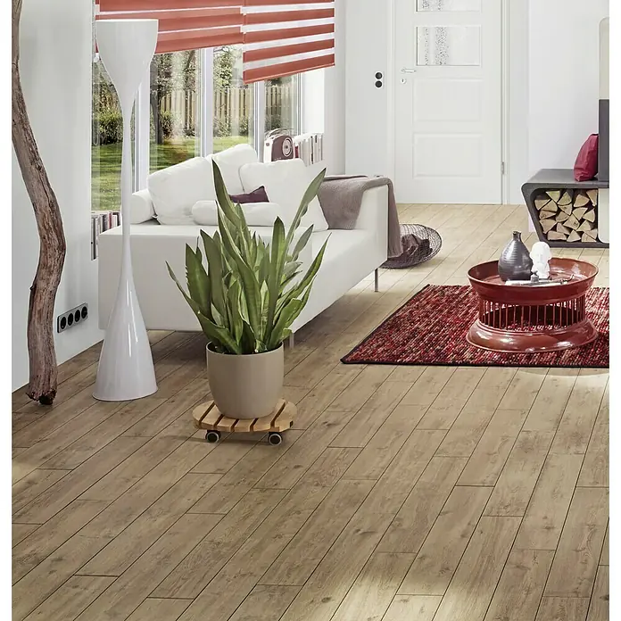 Wagner System Pflanzenroller Classic Soft - Rund, Erle, Max. Belastung: 100 kg - Ein stilvolles Wohnzimmer mit einem Holzboden, einem weißen Sofa und Zimmerpflanzen, die eine warme und gemütliche Atmosphäre schaffen.