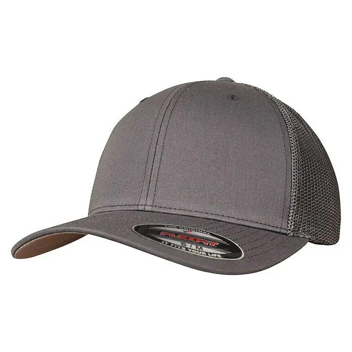 Flexfit Truckerkappe - Grau, L/XL - Graue Flexfit Trucker Cap mit Netzrückseite und gebogenem Schirm. Bequeme Passform und atmungsaktives Design für optimalen Tragekomfort.