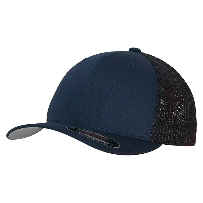 Flexfit Truckerkappe - Navy, L/XL - Nahaufnahme einer marineblauen Flexfit Trucker Cap mit schwarzem Netzstoff auf der Rückseite und grauem Schirmunterseite.