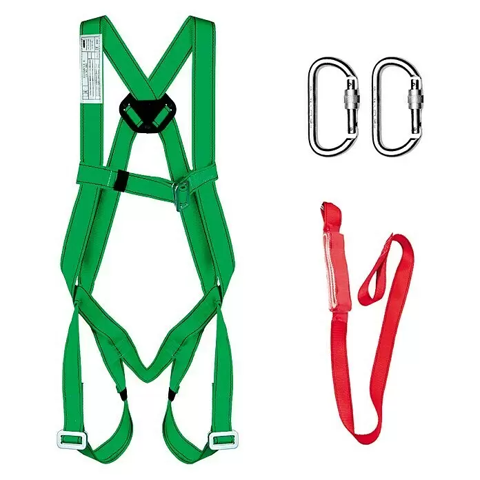 Ponsa Ecosafex Arnés de seguridad II Sistema - Absorbedor de energía - Arnés de seguridad verde, dos mosquetones de rosca plateados y una eslinga de seguridad roja.