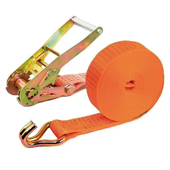 Ponsa Correa de amarre con trinquete Ratchet - L x An: 8,5 m x 50 mm, Carga soportada: 5.000 kg, 2 ganchos abiertos - Correa de trinquete naranja con gancho y mecanismo de trinquete metálicos, para asegurar cargas.