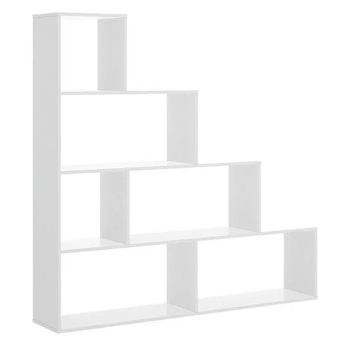 Dekit Ten Estantería de madera - Al x An x Pr: 145 x 145 x 29 cm, Número de baldas: 6 ud., Atornillado, Blanco - La imagen muestra una estantería moderna blanca en forma de escalera con múltiples compartimentos abiertos, ideal para almacenamiento y exhibición.