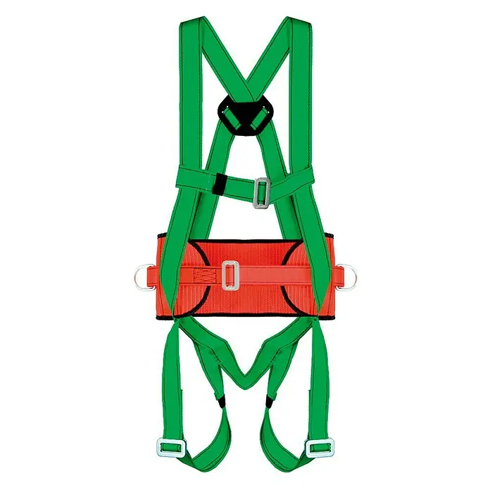 Ponsa Ecosafex Arnés de seguridad IV Sistema - 4 Mosquetones - Un arnés de seguridad de cuerpo completo verde y naranja. El arnés de seguridad cuenta con correas y hebillas ajustables para un ajuste seguro.