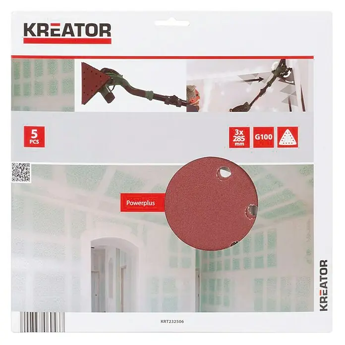 Kreator Set de hojas de lija triangulares - Grano: 100 mm, 5 ud. - Imagen de un paquete de discos de lijar KREATOR con grano G100, 5 unidades, tamaño 3x285 mm para lijadoras de paneles de yeso, ideal para lijar.