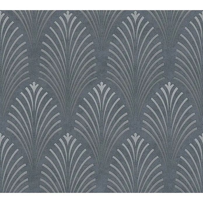 A.S. Création Pop Style Papel pintado de vellón Art Deco - Gris oscuro, Gráfico, 10,05 x 0,53 m - Un patrón de papel pintado gris con un elegante diseño Art Déco en forma de abanico, creando un revestimiento de pared elegante y decorativo.