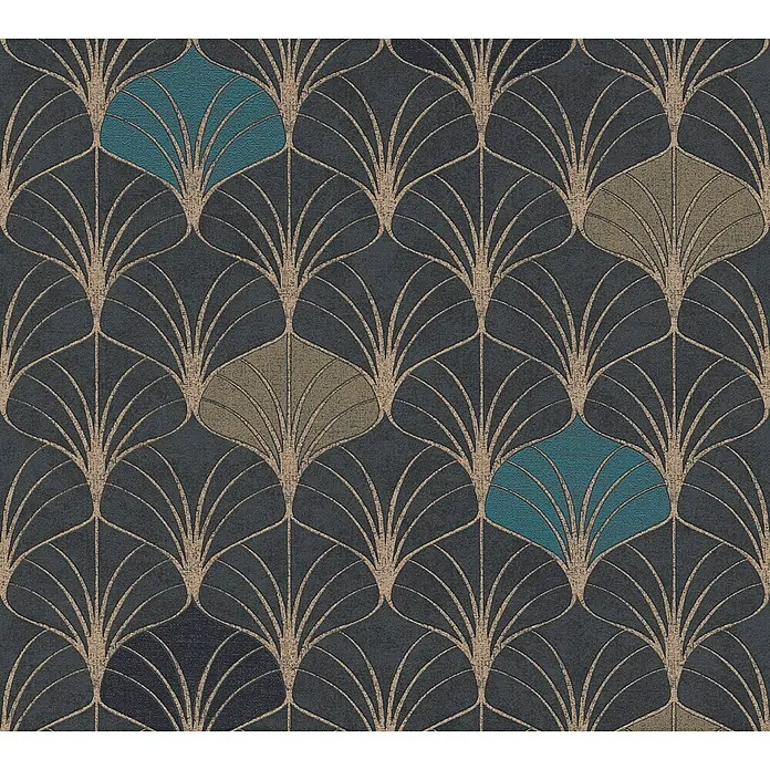 A.S. Création Pop Style Vliestapete Art Deco klein - Schwarz, Grafisch, 10,05 x 0,53 m - Elegante Tapete mit Art-Deco-Muster in Blau und Braun für stilvolle Wandgestaltung.