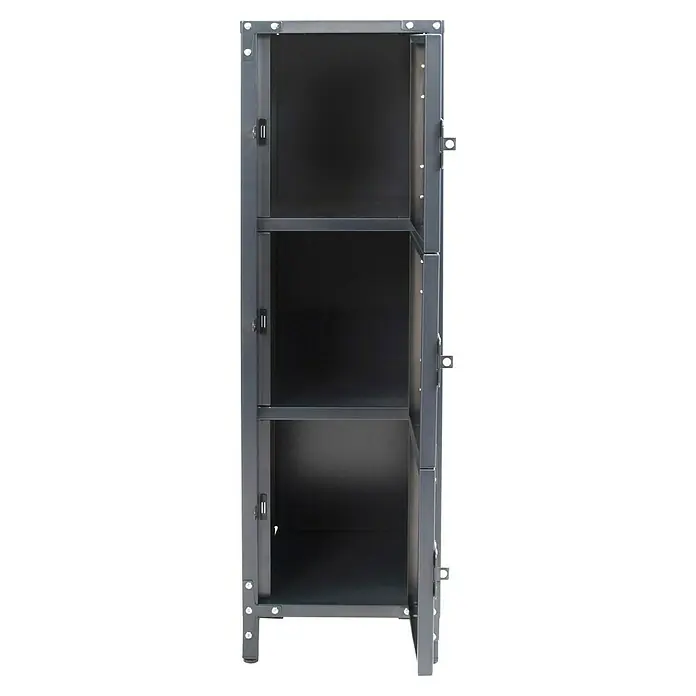 Metall-Mehrzweckschrank Vintage - L x B x H: 35 x 30,5 x 100 cm - Aufnahme eines grauen Metallschranks mit Regalen, die zur Hälfte mit einer geöffneten Tür auf der rechten Seite geöffnet sind.