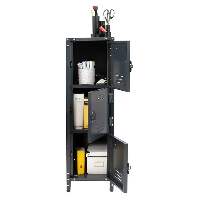 Metall-Mehrzweckschrank Vintage - L x B x H: 35 x 30,5 x 100 cm - Abbildung eines grauen Metallschranks mit drei Fächern, von denen zwei offen sind und verschiedene Gegenstände wie Bücher und Stifte enthalten.
