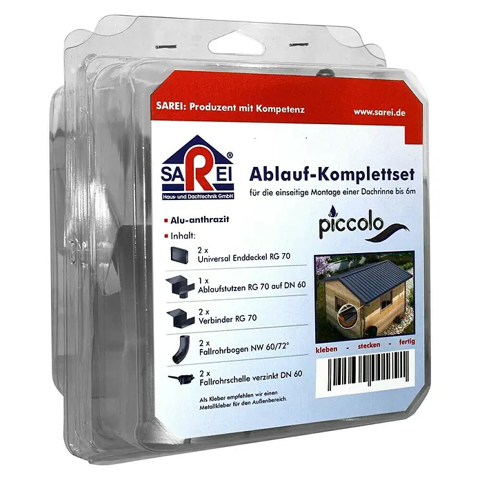 Sarei Piccolo Ablauf-Set - Nennweite: 70 mm, Aluminium, Anthrazit, Eckig - Bild eines SAREI Ablauf-Komplettsets, ideal für die einseitige Montage einer Dachrinne bis zu 6 Metern. Das Set enthält alle notwendigen Teile.