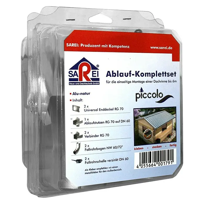 Sarei Piccolo Ablauf-Set - Nennweite: 70 mm, Aluminium, Silber, Eckig - Bild einer SAREI Ablauf-Komplettset-Packung, die Komponenten für die einseitige Montage einer Dachrinne bis 6 m enthält.
