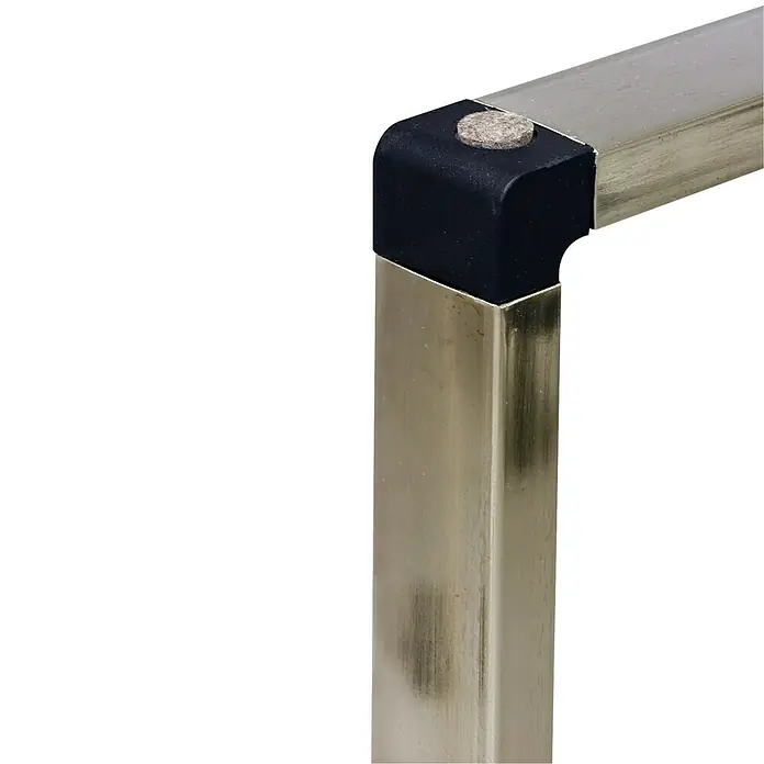 Wagner System Tischgestell - Traglast: 30 kg, Stahl, Silber - Detailaufnahme eines silbernen Tisches mit schwarzem Eckenschutz und Filzgleiter.