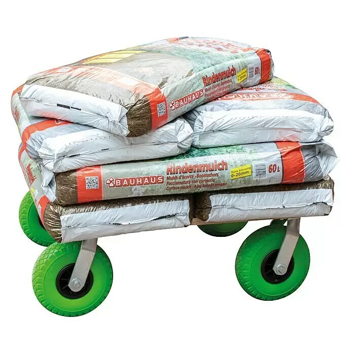Wagner System Transportgeräterolle - Traglast: 100 kg - Mehrere Säcke Rindenmulch auf einem Rollwagen mit leuchtend grünen Rädern.