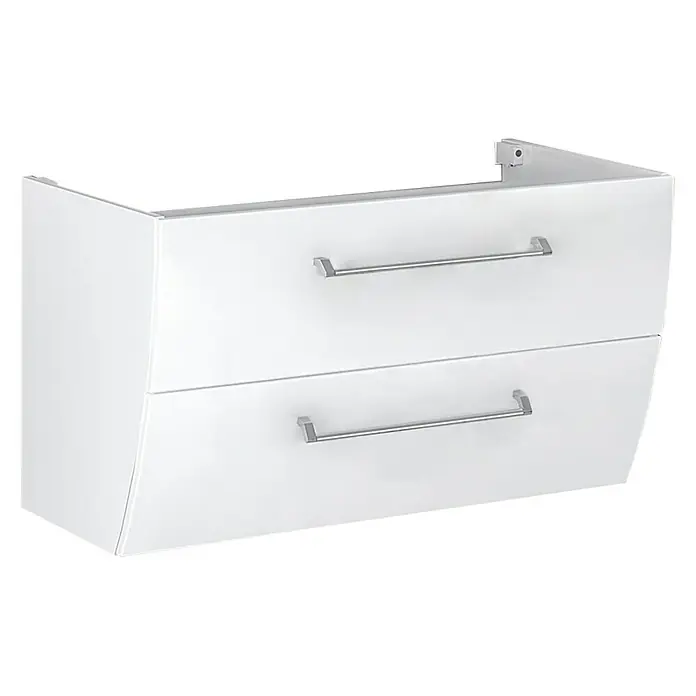 Camargue Orion Waschtischunterschrank - 90,5 x 51 x 52,5 cm, Weiß - Ein weißer Waschtischunterschrank mit zwei Schubladen und modernen Griffen, der ein elegantes Badezimmerdesign ergänzt.
