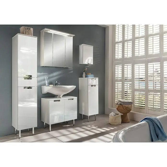Schildmeyer LED-Spiegelschrank Sunny/Profil - B x H: 70 x 72,3 cm, Mit Beleuchtung, Holz, Weiß - Elegantes Badezimmer-Set in Weiß mit Spiegel und Waschbecken. Die Möbel bieten stilvollen Stauraum und passen perfekt in moderne Bäder.