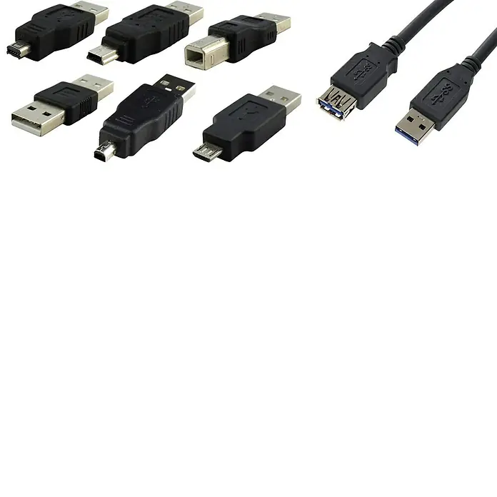 Schwaiger USB-Adapter Set 7-teilig - Schwarz, Datenübertragung: Bis zu 480 Mbit/s - Sammlung verschiedener USB-Stecker, darunter Mini- und Standardtypen, für vielfältige Geräteanschlüsse.
