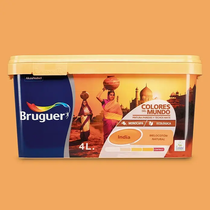 Bruguer Colores del Mundo Pintura para paredes - India melocotón natural, Mate, 4 l - Pintura mate para paredes y techos "India" de Bruguer Colores del Mundo. Cubo de 4L con tonos tierra cálidos para un ambiente natural.