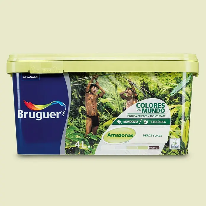 Bruguer Colores del Mundo Pintura para paredes - Amazonas verde suave, Mate, 4 l - Un envase de pintura Bruguer Colores del Mundo "Amazonas", una pintura mate para paredes y techos que es un producto respetuoso con el medio ambiente.