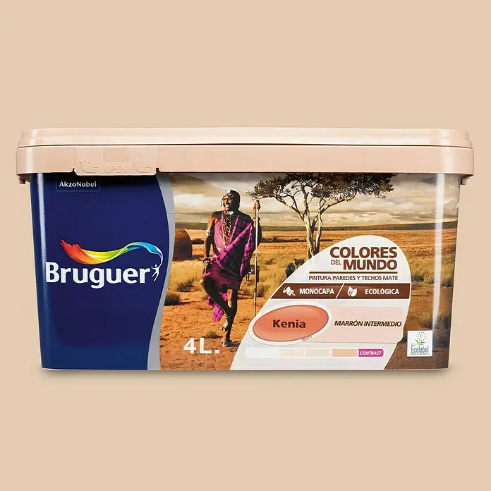 Bruguer Colores del Mundo Pintura para paredes - Kenia marrón intermedio, Mate, 4 l - Un cubo de pintura Bruguer Colores del Mundo "Kenia", una pintura mate para paredes y techos, en un tono marrón cálido y medio.