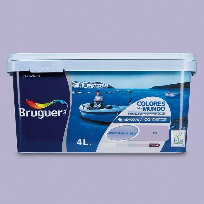 Bruguer Colores del Mundo Pintura para paredes - Mediterráneo lila, Mate, 4 l - Cubo de pintura Bruguer Colores del Mundo "Mediterraneo", 4L. Ideal para paredes y techos, con fórmula Monocapa y Colorprotect para mejores resultados.