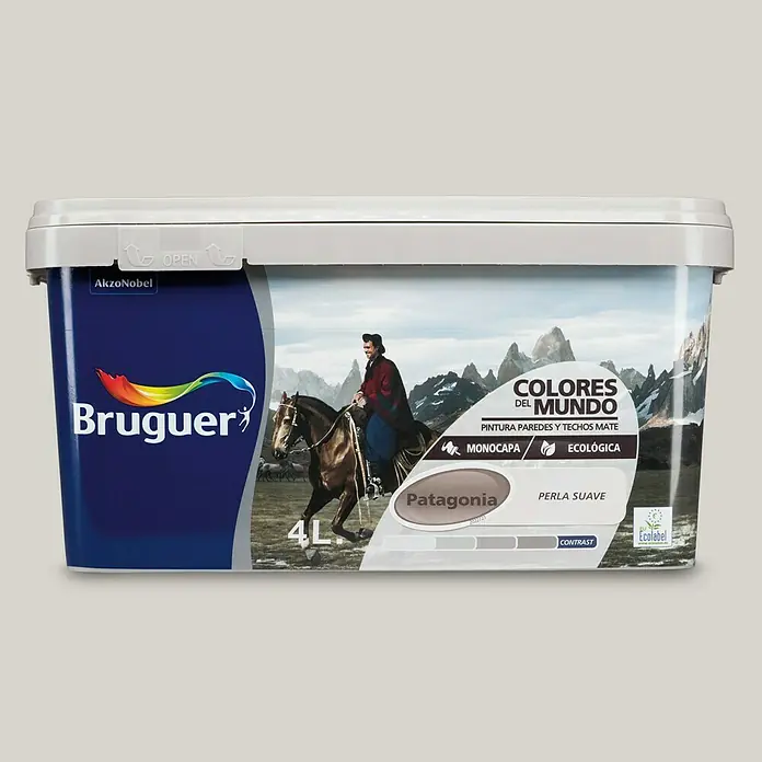 Bruguer Colores del Mundo Pintura para paredes - Patagonia perla suave, Mate, 4 l - Un cubo de pintura Bruguer "Colores del Mundo" en color Patagonia, acabado perla, con una capacidad de 4 litros.