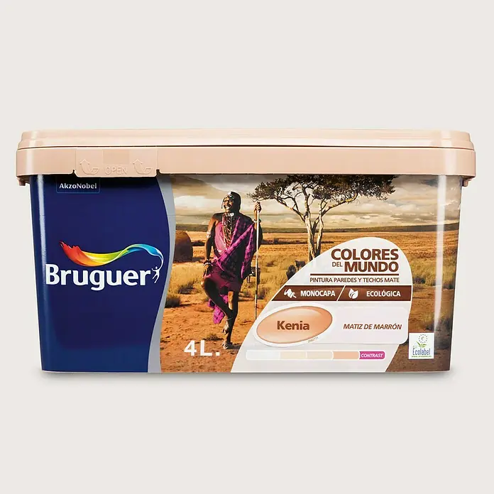 Bruguer Colores del Mundo Pintura para paredes - Kenia matiz marrón, Mate, 4 l - Un bote de 4L de pintura Bruguer Colores del Mundo en tonos marrones 'Kenia', ideal para paredes y techos mate.