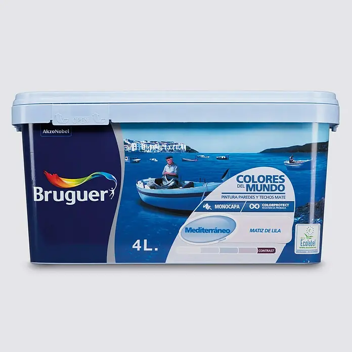 Bruguer Colores del Mundo Pintura para paredes - Mediterráneo matiz lila, Mate, 4 l - Cubo de pintura Bruguer Colores del Mundo para paredes y techos, color Mediterráneo, tono Matiz de Lila, 4L.