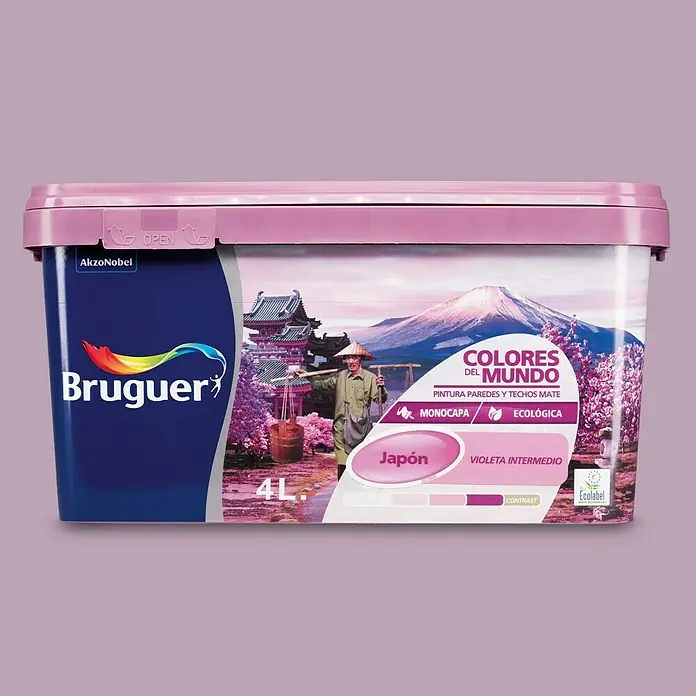 Bruguer Colores del Mundo Pintura para paredes - Japón violeta intermedio, Mate, 4 l - Un cubo de pintura de pared Bruguer "Colores del Mundo" en "Japón Violeta Intermedio", ideal para interiores con acabado mate.