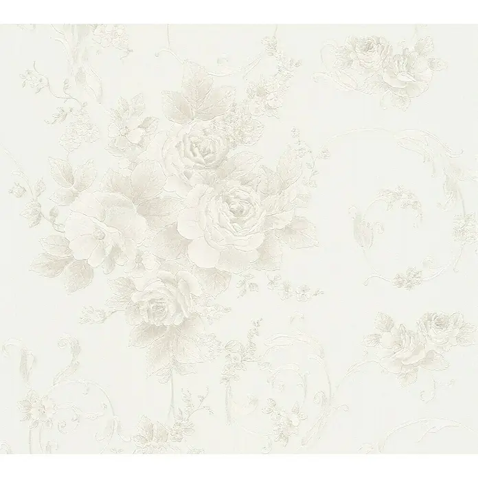 A.S. Création Romantico Vliestapete Rosenbukett - Weiß, Floral, 10,05 x 0,53 m - Ein elegantes, blass cremefarbenes Rosenmuster-Tapetendesign, perfekt für einen subtilen, klassischen Look in jedem Raum.