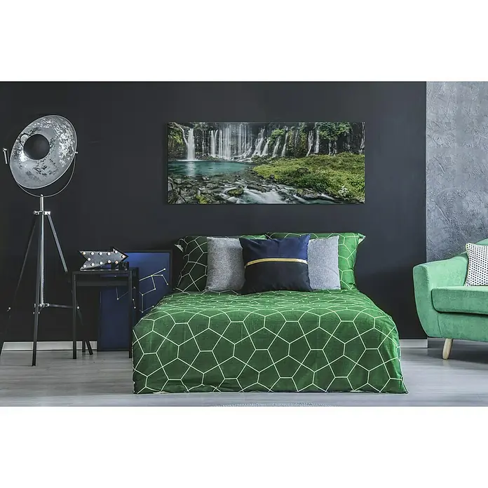 Glasbild See - Wasserfall, B x H: 125 x 50 cm - Das grüne Bettwäscheset mit geometrischem Muster sorgt für einen stilvollen Farbtupfer im Schlafzimmer und bietet hohen Komfort.