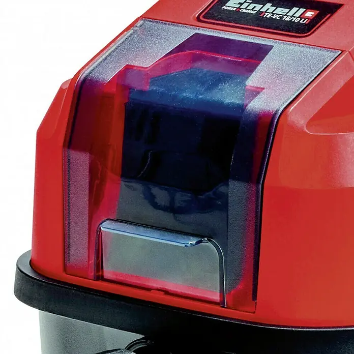 Einhell PXC 18V Aspirador en seco y húmedo de batería TE-VC 18/10 LI-Solo - 18 V, Sin batería, Volumen de recipiente: 10 l - Primer plano de una aspiradora inalámbrica roja Einhell TE-VC 18/10 Li, mostrando el depósito de polvo transparente.
