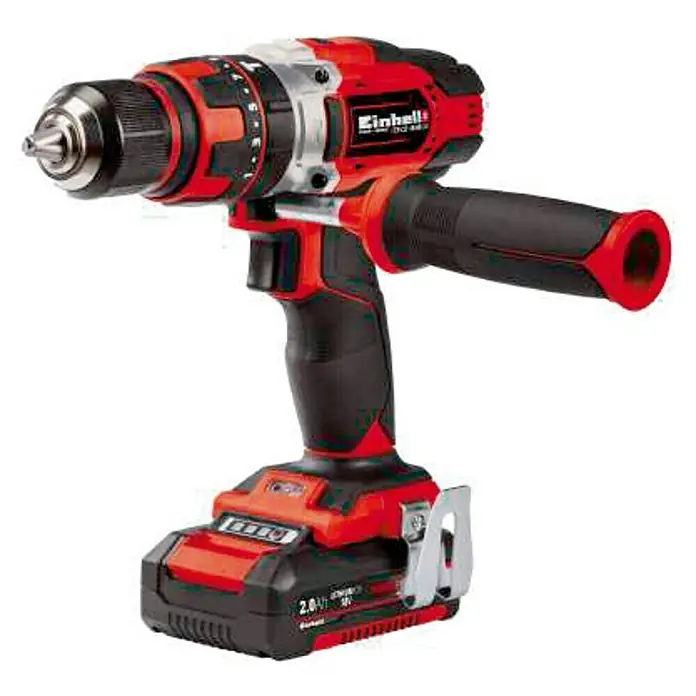 Einhell PXC 18V Taladro atornillador percutor de batería TE-CD 18/48 Li-i - 18 V, 2 baterías, 2 Ah, 48 Nm - Imagen de un taladro percutor inalámbrico Einhell con mango auxiliar y batería de 2.0Ah, perfecto para aficionados al bricolaje.
