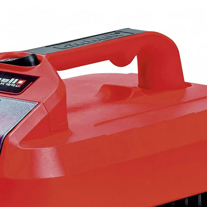 Einhell PXC 18V Aspirador en seco y húmedo de batería TE-VC 18/10 LI-Solo - 18 V, Sin batería, Volumen de recipiente: 10 l - Primer plano de una aspiradora inalámbrica Einhell roja sentada sobre una mesa.