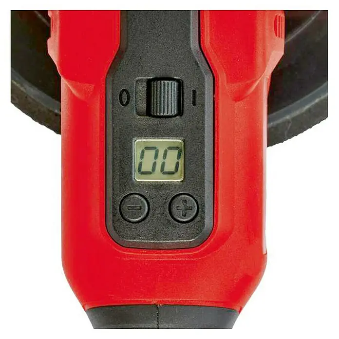 Einhell PXC 18V Pulidora de batería CE-PE 18/180 LI E Solo - 18V, Sin batería, Diámetro disco: 180 mm - Primer plano de una pulidora roja con un interruptor giratorio, una pantalla digital que muestra "00" y botones de más y menos.