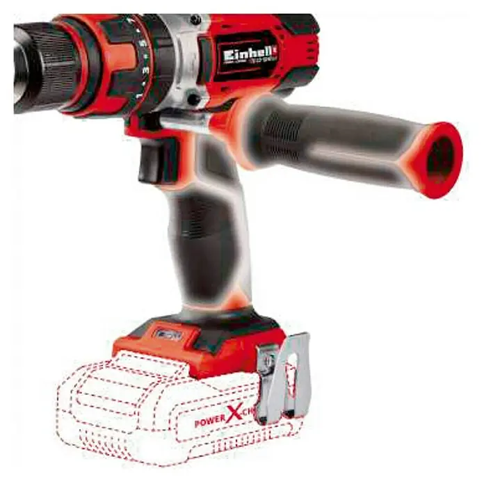 Einhell PXC 18V Taladro atornillador percutor de batería TE-CD 18/48 LI-I-Solo - 18 V, Sin batería - Taladro inalámbrico de Einhell, rojo y plateado con mango auxiliar y batería Power X-Change para taladrar y atornillar sin cables.