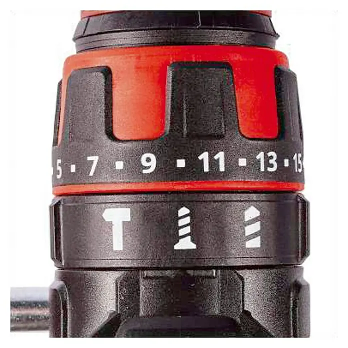 Einhell PXC 18V Taladro atornillador percutor de batería TE-CD 18/48 LI-I-Solo - 18 V, Sin batería - Primer plano de la configuración de torque de un taladro con un diseño rojo y negro.