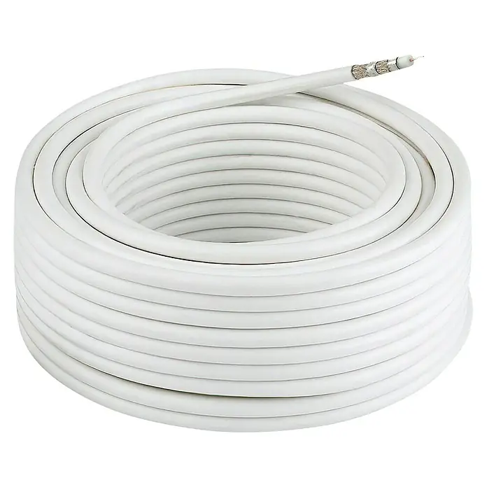 Cable coaxial - 25 m, Blanco, Medidas de blindaje: 120 dB - Rollo de cable coaxial blanco enrollado para la transmisión de señal en sistemas de TV y satélite, ideal para conexiones sin interferencias.