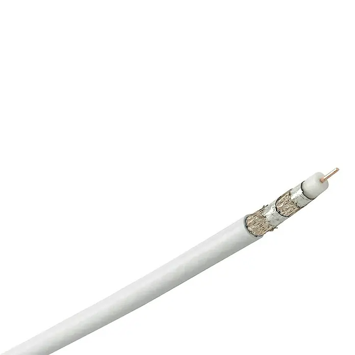 Cable coaxial - 25 m, Blanco, Medidas de blindaje: 120 dB - Primer plano de un cable coaxial blanco que muestra su construcción interna con núcleo de cobre, aislamiento y capas de blindaje.
