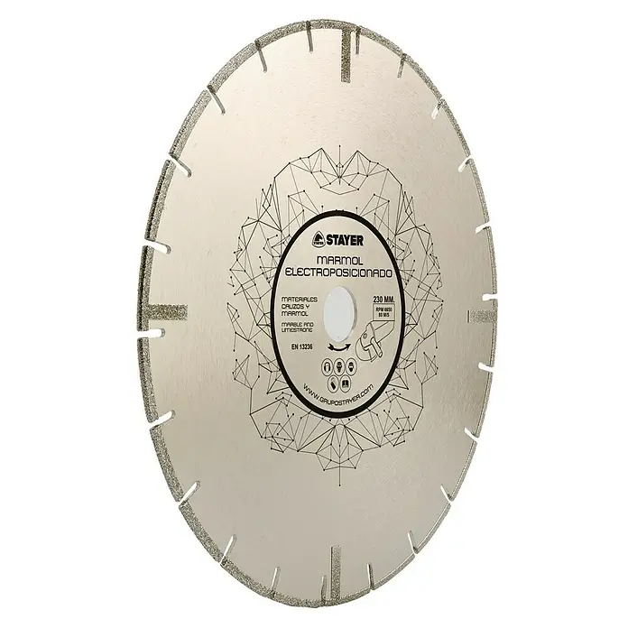 Stayer Disco de corte - Ø x Es: 115 x 1,2 mm, Orificio: 22,22 mm - La imagen muestra un disco de corte de mármol STAYER, ideal para cortar mármol y piedra caliza, con un tamaño de 230 mm y una velocidad de 6650 RPM.
