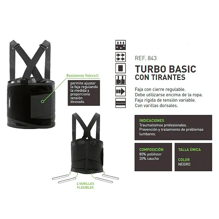Turbo Faja lumbar Basic - Universal, Poliéster, Tirantes - Imagen de un soporte lumbar negro TURBO BASIC con correas ajustables, cierre de velcro y varillas de refuerzo flexibles para un soporte óptimo.
