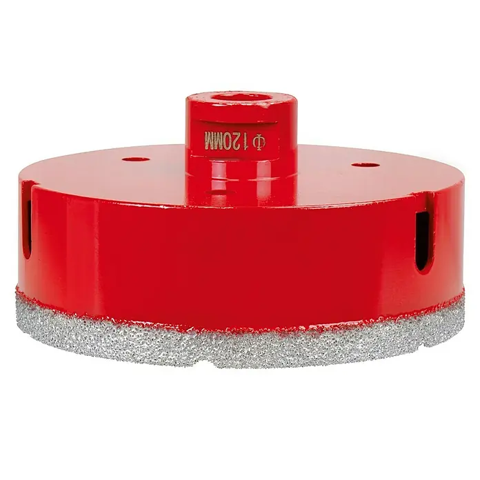 Stayer Sierra de corona diamantada - Diámetro: 120 mm, 1 ud. - Primer plano de una broca de corona roja de 120 mm con grano de diamante para agujeros precisos.