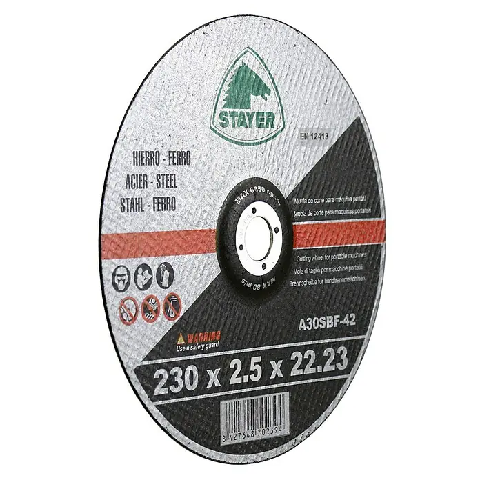 Stayer Disco de corte - Ø x Es: 230 x 2,5 mm, Orificio: 22,23 mm - Disco de corte Stayer A30SBF-42, 230 x 2.5 x 22.23 mm, para corte de acero y hierro con máquinas portátiles.