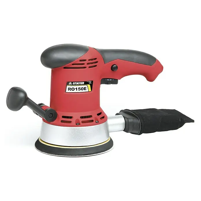 Stayer Lijadora excéntrica eléctrica RO150E - 450 W, Diámetro disco de lija: 150 mm - Una lijadora orbital aleatoria roja STAYER RO150E con bolsa de recolección de polvo, ideal para el lijado de superficies.